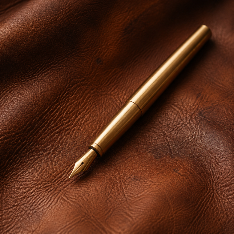 Grain de cuir cognac avec stylo en laiton posé, lumière chaude