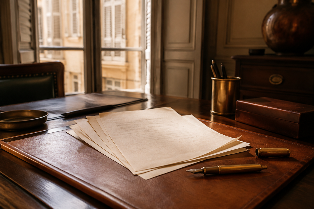 Bureau de cuir cognac : sous-main, pages crème éventailées, stylo-plume en laiton
