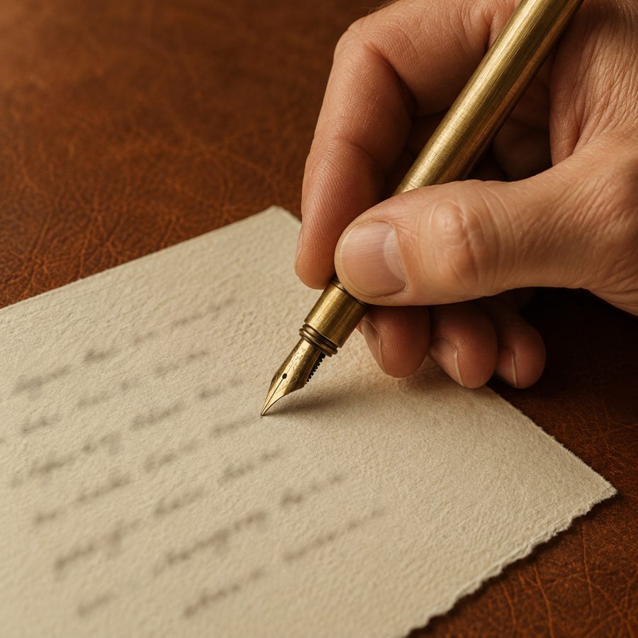 Main écrivant à la plume en laiton sur papier crème, lignes floues