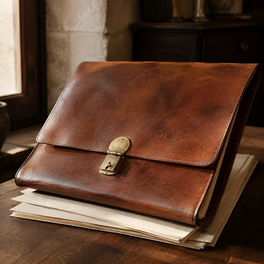Portefeuille de cuir cognac entrouvert sur des pages crème, fermoir laiton